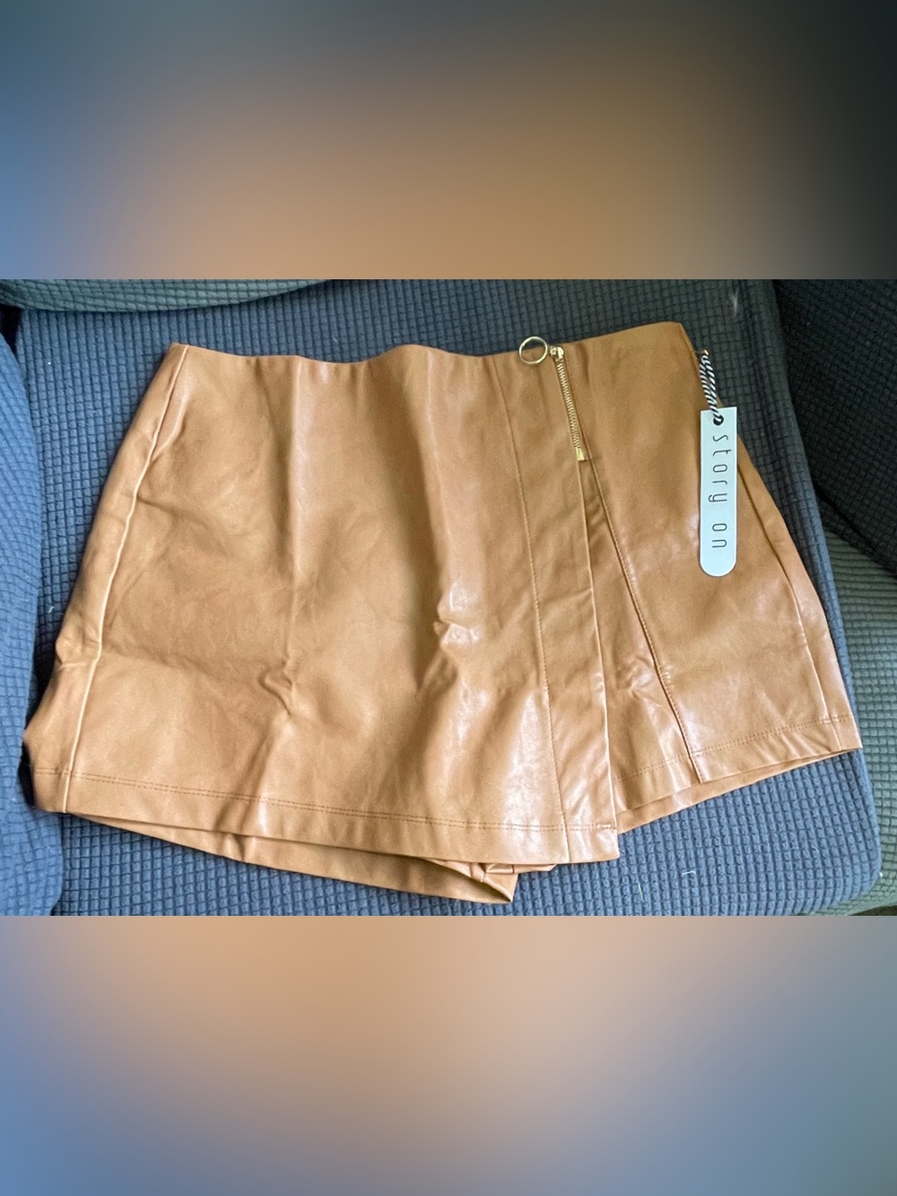 Camel Faux Leather Mini Skort with Ring Zip
